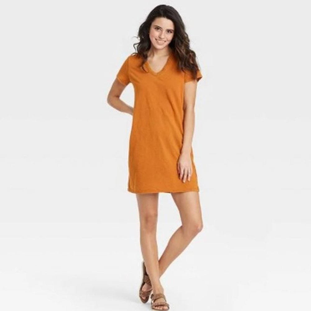 T Shirt Dress Burnt Orange Loose Dress Modest Dress Short Sleeve Dress V Neck Dr
